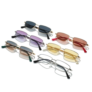 Retro rectangular metal frame sunglasses collection with multi-color lenses in six varieties