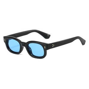 Retro square sunglasses with black frames and blue lenses shown from a 45-degree angle