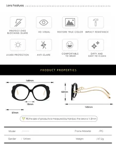 Detailed technical size chart for anti-blue light glasses showing frame dimensions and weight