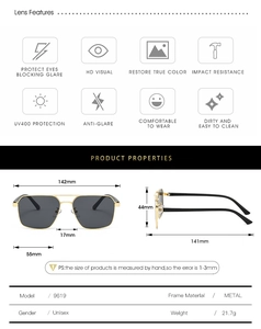 Detailed size chart and technical specifications for square aviator sunglasses
