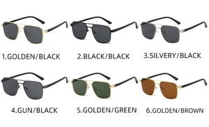 Six colors of lightweight double-bridge square pilot sunglasses with metal frames for men