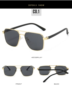 Detail views of gold double-bridge pilot sunglasses with red-green stripe on hinges
