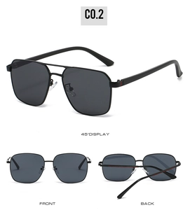 Detail view showing front, back and side of square aviator sunglasses with web stripe temples