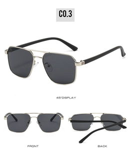 Three-way view of silver metal pilot sunglasses with double bridge and tricolor detail