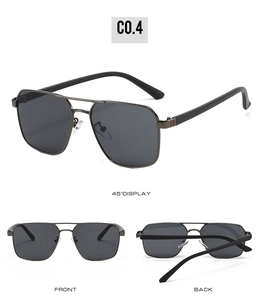 Multi-angle view of lightweight gunmetal square aviator sunglasses with striped temple