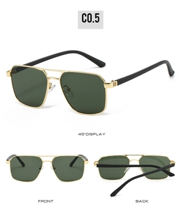Three perspectives of gold double-bridge pilot sunglasses with deep green lenses