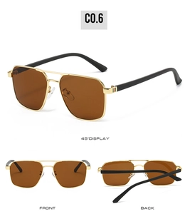 Three-view display of gold pilot sunglasses with brown lenses and black temples