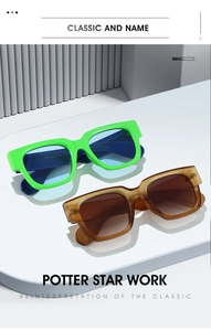 Close-up of trendy thick-frame square sunglasses in green and tea brown on a white stand