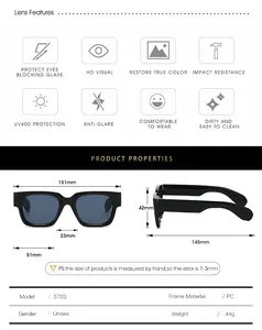 Size chart and specifications for thick frame square sunglasses with UV400 protection