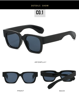 Detailed multi-angle views of chunky black square sunglasses with blue tinted lenses
