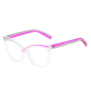Modern cat-eye blue light blocking glasses with clear frames and rose red accents
