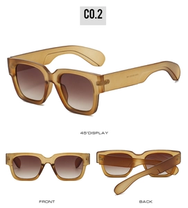 Three-angle view of thick amber square sunglasses with brown gradient lenses