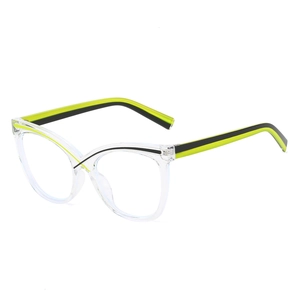 Chic cat-eye transparent frame glasses with neon green and black striped temples