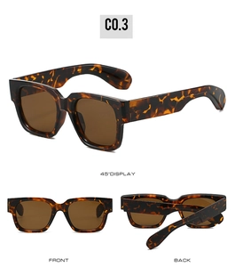 Three perspectives of retro square sunglasses with tortoiseshell frames and dark lenses