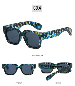 Three-view display of chunky square sunglasses with blue and yellow camo pattern