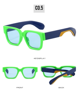 Three-view display of thick square frame sunglasses in green with blue temples