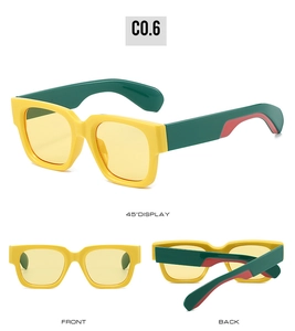 Detailed views of square sunglasses in bold yellow frame with colorful temples