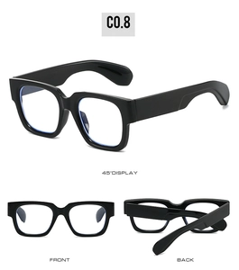 Three perspectives of chunky square sunglasses showing front, back, and 45-degree views