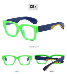 Detailed multi-angle views of square thick frame retro glasses in green and blue