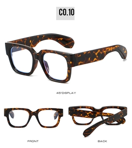 Three-way view of thick tortoiseshell square sunglasses frames showing 45-degree angle and front