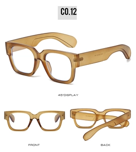 Three-angle view of amber square sunglasses including front and 45-degree side display