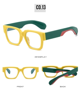Three views of square sunglasses showing yellow frames and green temples with C0.13 code
