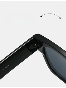 Detail shot of sturdy metal hinges and model size specifications on square sunglasses