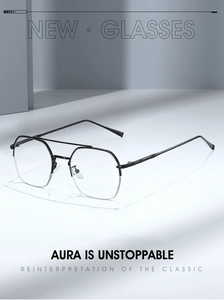 Detail view of stylish black hexagonal pilot glasses frames with anti-blue light lenses