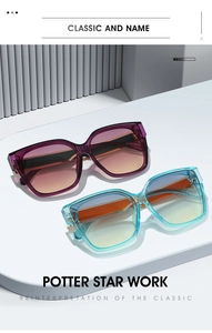 Detailed view of clear purple and blue square sunglasses on a white display stand