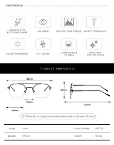 Detailed size chart for lightweight anti-blue light metal glasses with full frame dimensions