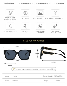Detailed size specifications and UV400 protection features for square sunglasses