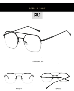 Detail view of stylish blue light blocking semi-rimless double bridge aviator glasses
