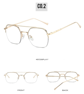 Three-view display of golden polygon metal frame glasses with double bridge details