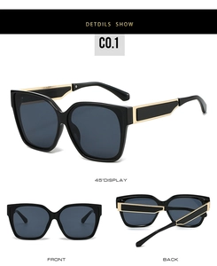 Detailed multi-angle view of black square sunglasses with golden temple accents
