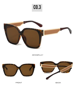 Three views of tortoise shell square sunglasses with gold metal temple details and brown lenses