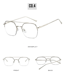 Three-view display of silver geometric double bridge glasses frames from multiple angles
