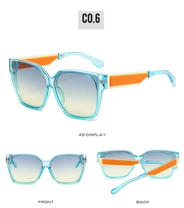 Three-angle display of square gradient sunglasses with blue frames and orange temples