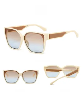 Detailed views of beige square sunglasses with gradient lenses in three different angles