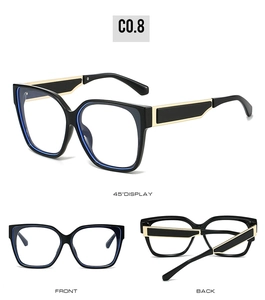 Close-up of black square frame sunglasses with blue interior trim and gold metal temples