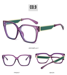 Detailed views of purple square frame sunglasses with gold and green temple accents