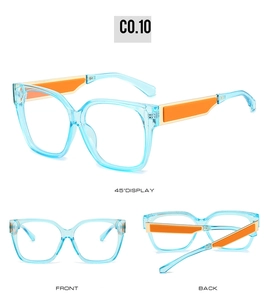 Three-angle view of square light blue sunglasses with orange temple detail, UV protection