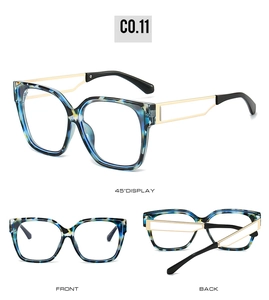 Three views of square blue tortoise glasses with hollow gold temples and black tips