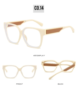 Multi-angle views of square cream frames with brown temples and clear lenses