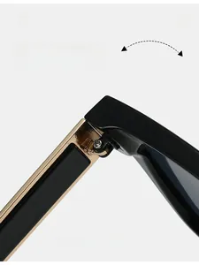 Detail of durable gold metal hinge on premium black square frame sunglasses