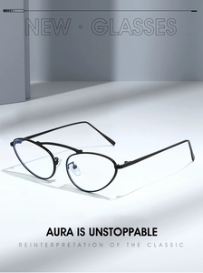 Close-up of black cat-eye metal frame glasses with anti-blue light clear lenses