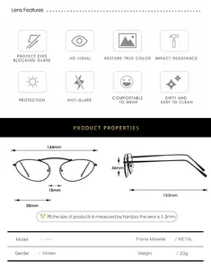 Detailed size chart for cat eye metal frame glasses showing precise 144mm frame width