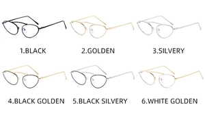 Collage of cat-eye metal eyewear frames in six colors including gold, silver, and black