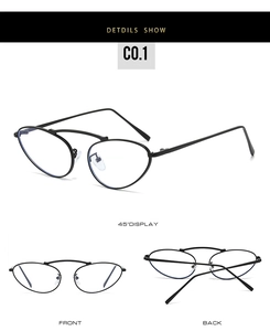 Three-angle views of black metal cat-eye frames showing front, back, and side profiles