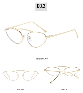 Three multi-angle views of cat-eye gold metal frame glasses with blue light blocking lenses