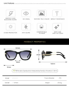 Size chart for arrow-decorated sunglasses showing frame width and lens dimensions